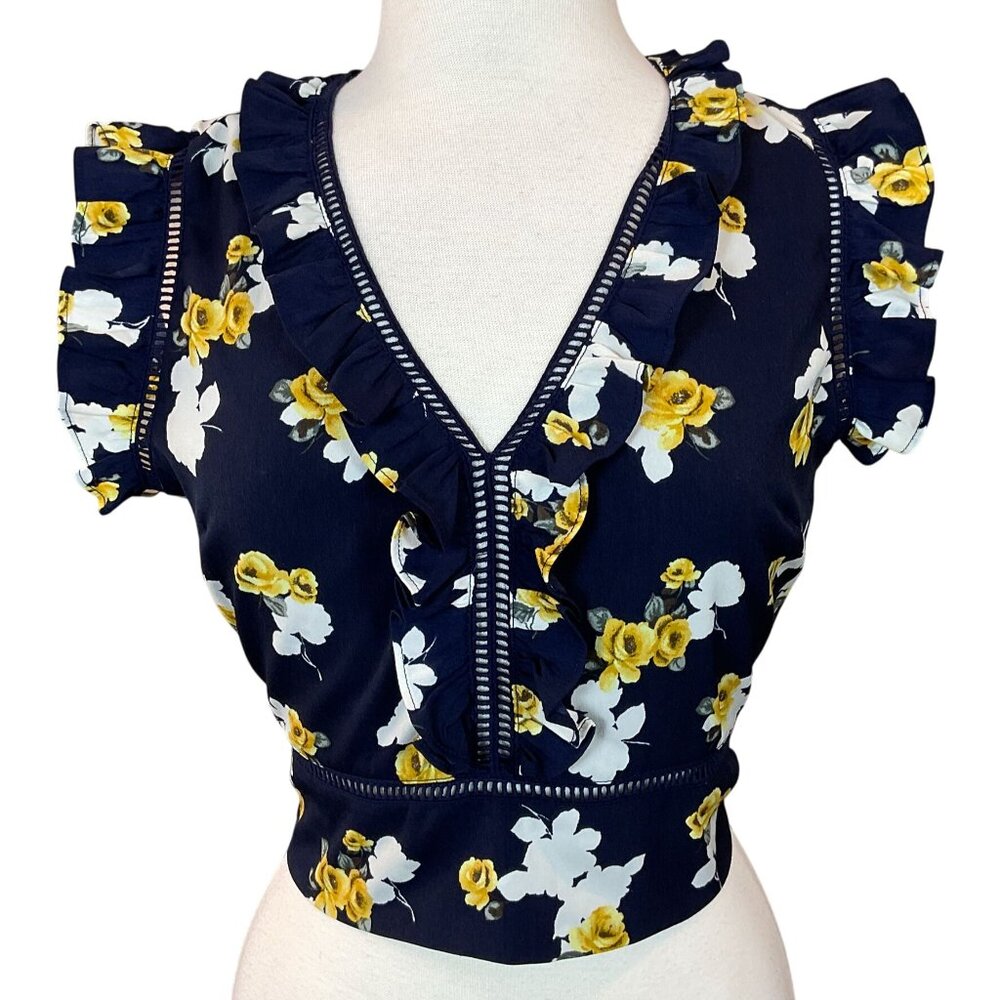 J by JOA Ruffled V-Neck Navy Floral Ladder Trim Open Tie Back Crop Top Medium